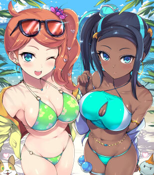 2girls ;d beach belly_chain bikini black_hair blue_eyes blue_eyeshadow blue_hair blue_sky blush breasts chewtle cleavage cleavage_cutout clothing_cutout cloud commentary_request cowboy_shot dark-skinned_female dark_skin day earrings eyeshadow eyewear_on_head floral_print flower from_above gen_8_pokemon green_bikini green_eyes hair_bun hair_flower hair_ornament halterneck heart heart_hair_ornament highres hoop_earrings jacket jewelry kasai_shin large_breasts long_hair looking_at_viewer makeup multicolored_bikini multicolored_hair multiple_girls navel nessa_(pokemon) nintendo o-ring o-ring_bikini o-ring_bottom o-ring_top ocean one_eye_closed open_mouth orange_hair outdoors palms pokemon pokemon_(creature) pokemon_swsh side_ponytail single_hair_bun sky smile sonia_(pokemon) sunglasses swimsuit two-tone_bikini two-tone_hair yamper yellow_jacket