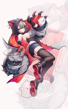 1girl 46_coffee alternate_costume bare_shoulders black_boots black_thighhighs blue_skirt boots breasts cat_girl cat_tail grey_hair hair_between_eyes highres large_breasts looking_at_viewer neneko_mashiro red_eyes skirt solo stellive tail thighhighs