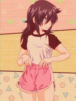Rule 34 | 1girl, adjusting clothes, adjusting shorts, black hair, closed mouth, commentary, dolphin shorts, english commentary, film grain, green eyes, hair over one eye, highres, kuroki tomoko, long hair, looking to the side, pink shorts, shirt, shorts, sidelocks, solo, t-shirt, watashi ga motenai no wa dou kangaetemo omaera ga warui!, watermark, yokoshima696969