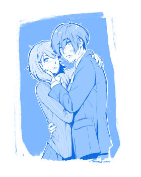1boy 1girl after_kiss blue_theme blush cardigan collared_shirt commentary couple dress_shirt english_commentary from_side gekkoukan_high_school_uniform hair_between_eyes hand_on_another's_back hand_on_another's_cheek hand_on_another's_chest hand_on_another's_face height_difference hug interrupted jacket lipstick_mark lipstick_mark_on_cheek lipstick_mark_on_face lipstick_mark_on_neck long_sleeves looking_at_viewer looking_to_the_side medium_hair monochrome nail_polish paaaatchieee parted_lips persona persona_3 persona_3_reload pleated_skirt ribbed_cardigan school_uniform shirt short_hair signature skirt surprised sweat sweatdrop takeba_yukari upper_body yuuki_makoto_(persona_3)