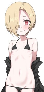 1girl bare_shoulders bikini black_bikini black_jacket blonde_hair blush breasts closed_mouth clothes_down cowboy_shot ear_piercing fang fang_out gluteal_fold groin hair_over_one_eye halulu highres idolmaster idolmaster_cinderella_girls jacket loli looking_at_viewer lowleg lowleg_bikini navel one_eye_covered open_clothes open_jacket piercing red_eyes shirasaka_koume short_hair side-tie_bikini_bottom small_breasts smile solo stomach swimsuit