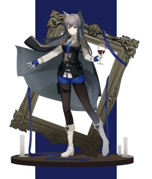 1girl absurdres alcohol arknights black_hair black_pantyhose black_tail black_vest blue_gloves blue_ribbon blue_shorts bolo_tie boots buttons candle closed_mouth coat coat_on_shoulders collared_shirt commentary cup drink drinking_glass empty_picture_frame fingerless_gloves full_body gloves grey_boots grey_shirt highres holding holding_drink knee_boots long_hair long_sleeves looking_at_viewer nishimiya_aki official_alternate_costume orange_eyes pantyhose picture_frame pouch ribbon shirt short_shorts shorts sidelocks solo standing tail texas_(arknights) texas_the_omertosa_(arknights) thigh_pouch thigh_strap vest wine wine_glass wolf_tail