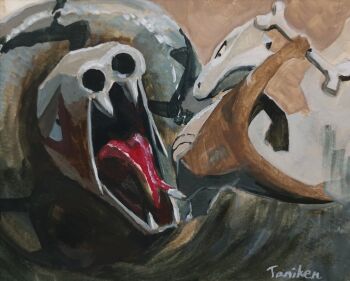 animal_focus artist_request attack bone colored_sclera eye_contact fangs fighting gen_1_pokemon gen_8_pokemon green_eyes holding holding_weapon looking_at_another marowak nintendo no_humans open_mouth pokemon pokemon_(creature) sandaconda signature simple_background snake weapon