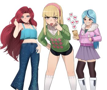 3girls andrea_davenport black_choker black_shorts blonde_hair blue_hair blue_pants blue_tank_top blunt_bangs boots brown_thighhighs cellphone character_request chelsea_(ruby_gillman) choker commentary copyright_request crossover denim earrings english_commentary eyelid_pull feet_out_of_frame fur_trim green_vest grin hairband hand_on_own_hip heart highres holding holding_phone hoop_earrings jeans jewelry jourd4n kendall_perkins kick_buttowski long_hair long_sleeves looking_at_viewer multicolored_hair multiple_crossover multiple_girls navel pants phone pink_hairband pleated_skirt purple_skirt red_hair ruby_gillman:_teenage_kraken shorts simple_background skirt smartphone smile socks standing streaked_hair tank_top the_ghost_and_molly_mcgee thighhighs thighs tongue tongue_out v-shaped_eyebrows vest white_background white_footwear white_socks