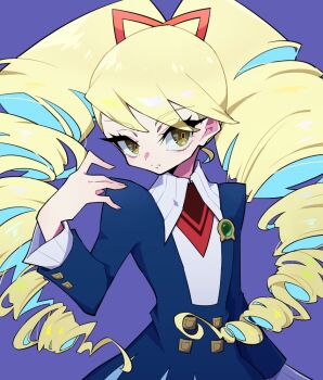 1girl blonde_hair blue_background blue_dress bow dress drill_hair green_eyes hair_bow long_hair looking_at_viewer luna_platz_(mega_man) mega_man_(series) mega_man_star_force_(series) red_bow school_uniform simple_background twin_drills very_long_hair yanagi_frkw