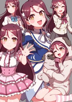 1girl absurdres animal animal_costume birthday blush commentary cream_(nipakupa) dog dog_costume earrings grey_background hair_ornament highres holding holding_animal holding_dog jewelry looking_at_viewer love_live! love_live!_school_idol_festival_all_stars love_live!_sunshine!! multiple_views omoi_yo_hitotsu_ni_nare one_eye_closed otonokizaka_school_uniform red_hair sakurauchi_riko school_uniform tongue tongue_out uranohoshi_school_uniform yellow_eyes