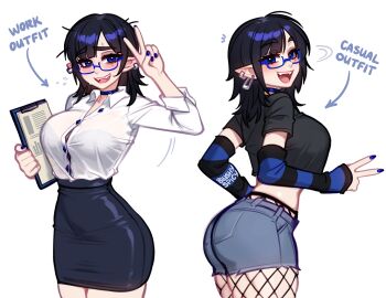 1girl arrow_(symbol) artist_name birthmark black_hair blue-framed_eyewear blue_choker blue_eyes blue_nails blushyspicy bra bra_visible_through_clothes breasts choker clipboard crop_top cropped_shirt denim denim_shorts detached_sleeves earrings english_text fangs fishnet_pantyhose fishnets glasses high-waist_skirt holding holding_clipboard hoop_earrings jewelry large_breasts long_sleeves medium_hair miniskirt multiple_views nail_polish office_lady open_mouth original pantyhose pencil_skirt pointy_ears see-through_clothes see-through_shirt shirt short_sleeves shorts skirt striped_sleeves taut_clothes taut_shirt underwear v vivian_seong_(blushyspicy) white_background