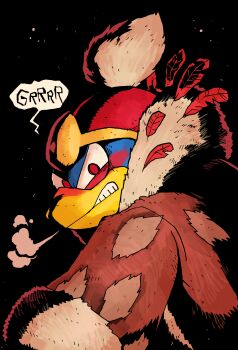 absurdres black_background blush coat fur-trimmed_coat fur_trim grimace hat highres king_dedede kirby_(series) kirby_and_the_forgotten_land long_sleeves looking_at_viewer nintendo no_humans rariatto_(ganguri) red_coat red_eyes red_hat smoke_from_mouth solo speech_bubble upper_body