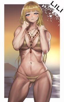 1girl bikini blonde_hair blush breasts dusk emilie_de_rochefort gluteal_fold long_hair looking_at_viewer medium_breasts rokubanana swimsuit teeth tekken water