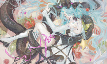 Rule 34 | 1girl, absurdres, animal, animal hug, aqua hair, aqua scales, argyle clothes, argyle socks, asymmetrical legwear, backless dress, backless outfit, black bow, black dress, black footwear, black nails, black snake, black socks, bow, breasts, cherry, chinese commentary, closed eyes, commentary, crinoline, detached sleeves, dress, eyes visible through hair, fetal position, food, fruit, giant snake, hair bow, hair over one eye, hat, highres, jewelry, kneehighs, leaf, leg ribbon, long hair, lying, medium breasts, mismatched legwear, multicolored thighhighs, nail polish, on side, oversized animal, party hat, path to nowhere, pink lips, pink ribbon, ribbon, ring, scales, serpent (path to nowhere), snake, socks, solo, starfruit, strawberry, strawberry slice, striped clothes, striped socks, thigh ribbon, two-tone dress, two-tone socks, two-tone thighhighs, vertical-striped clothes, vertical-striped socks, very long hair, watermark, weibo watermark, white dress, white sleeves, white socks, yangmao feifei