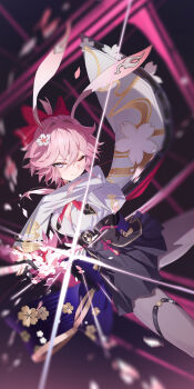 1girl absurdres animal_ears berserker_r black_pantyhose black_skirt blue_eyes breasts chinese_commentary commentary_request evanescia_(honkai:_star_rail) falling_petals flower fox_ears fox_girl hair_flower hair_ornament highres holding holding_weapon honkai:_star_rail honkai_(series) large_breasts measuring_stick one_eye_closed pantyhose petals pink_hair shirt short_hair_with_long_locks skirt smile solo weapon white_shirt