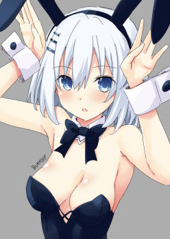 1girl :o animal_ears bare_shoulders blue_bow blue_bowtie blue_eyes blue_leotard blush bow bowtie breasts cleavage date_a_live detached_collar english_text expressionless hair_between_eyes hair_ornament hairclip hands_up highres iwashi_dorobou_-r- leotard looking_at_viewer medium_breasts medium_hair playboy_bunny rabbit_ears rabbit_pose solo strapless strapless_leotard tobiichi_origami upper_body white_hair wrist_cuffs