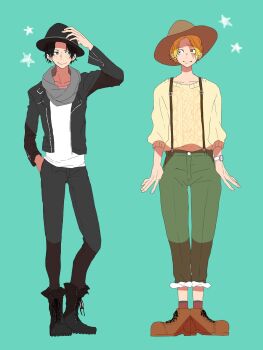 Rule 34 | 2boys, black boots, black hat, black jacket, blonde hair, blue background, boots, brown shoes, commentary request, freckles, full body, green pants, hand on own hip, hat, highres, jacket, looking to the side, male focus, multiple boys, nanana43a, one piece, pants, portgas d. ace, sabo (one piece), scar, scar on face, shoes, short hair, smile, socks, star (symbol), suspenders