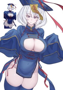1girl absurdres blue_dress breasts character_request cleavage cleavage_cutout clothing_cutout copyright_request covered_navel dress highres inset jiangshi_costume k_dhen large_breasts pelvic_curtain purple_eyes simple_background solo white_background white_hair
