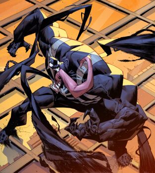 1boy animal_print bodysuit building city cityscape claws dynamic_pose glass highres leo_chiola long_tongue male_focus marvel marvel_snap monster_boy muscular muscular_male official_art open_mouth parasite reflection sharp_teeth skyscraper slime_boy spider-man_(series) spider_print spider_web_print standing_on_wall superhero_costume symbiote teeth tendril tendrils_from_back tentacles tongue tongue_out venom_(marvel) very_long_tongue white_eyes