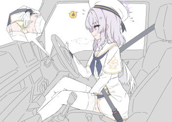 1girl absurdres between_legs blue_archive blush breath car_interior character_request commentary_request dress driving flying_sweatdrops halo hand_between_legs hat have_to_pee highres long_sleeves mizusaki_(kn27) multiple_views neckerchief panties peeing peeing_self purple_eyes sailor_collar seatbelt sweat thighhighs underwear urine_meter wet wet_clothes wet_panties white_dress white_thighhighs white_wings wings