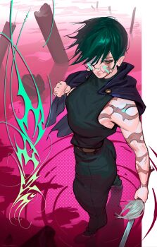 1girl absurdres bare_arms belt black_hair black_pants commentary full_body glasses highres holding holding_sword holding_weapon jujutsu_kaisen maniwarren multiple_scars pants scar short_hair solo sword weapon yellow_eyes zen'in_maki