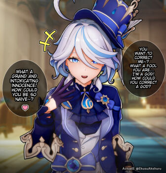 1girl 3d actualekusu ahoge ascot asymmetrical_gloves black_ascot black_gloves blue_ascot blue_eyes blue_gemstone blue_hair blue_hat blue_jacket commentary cowlick drop-shaped_pupils english_commentary eyelash_ornament furina_(genshin_impact) gem genshin_impact gloves hat heterochromia highres hydro_symbol_(genshin_impact) jacket long_hair looking_at_viewer mismatched_gloves mismatched_pupils multicolored_hair open_mouth ouji_fashion smile solo source_quote splendor_of_tranquil_waters_(genshin_impact) streaked_hair symbol-shaped_pupils the_elder_scrolls the_elder_scrolls_iii:_morrowind top_hat white_hair