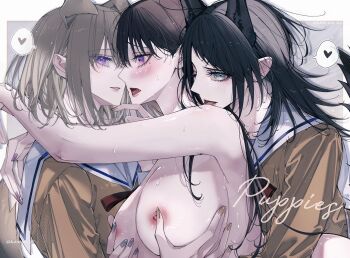 3girls animal_ears bang_dream! bang_dream!_it's_mygo!!!!! black_hair blackfangs blood blue_eyes chinese_commentary commentary_request dog_ears dog_girl hanasakigawa_school_uniform kemonomimi_mode long_hair medium_hair misumi_uika multiple_girls nail_polish nipples open_mouth purple_eyes purple_nails sailor_collar school_uniform shiina_taki sweat tail white_sailor_collar wolf_ears wolf_girl wolf_tail yahata_umiri yuri