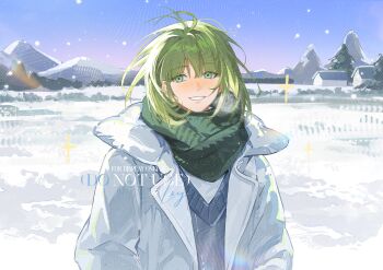 1boy absurdres antenna_hair blue_sweater blush bob_cut breath center-flap_bangs chinese_commentary commission day green_eyes green_hair green_scarf grin hair_between_eyes highres house jacket lapels long_sleeves looking_at_viewer luxingyao male_focus medium_hair mountain notched_lapels open_clothes open_jacket outdoors scarf shafie_(welcome_to_dreamland) shirt smile snow snowing solo sparkle sweater upper_body watermark welcome_to_dreamland white_jacket white_shirt winter_clothes