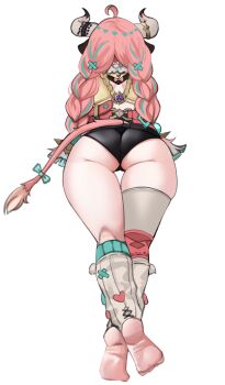 1girl ahoge animal_ears aqua_bow aqua_streaks ass asymmetrical_legwear barefoot bellone belt black_shorts blunt_ends bow braid crossed_ankles facing_away feet from_behind full_body genshin_impact hair_ornament highres horn_ornament horns leg_warmers legs long_hair low_twin_braids lying micro_shorts multicolored_hair on_stomach pink_hair pink_tail red_belt shorts simple_background soles solo streaked_hair tail tail_bow tail_ornament thigh_gap thighhighs twin_braids uneven_legwear varesa_(genshin_impact) white_background white_horns white_thighhighs x_hair_ornament