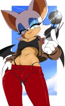 1girl absurdres alternate_costume animal_ears animal_nose bat_ears bat_girl bat_wings blue_eyes blue_eyeshadow eyeshadow furry furry_female highres holding holding_removed_eyewear makeup pants red_pants rouge_the_bat solo sonic_(series) tobitobi90 unworn_eyewear white_fur wings