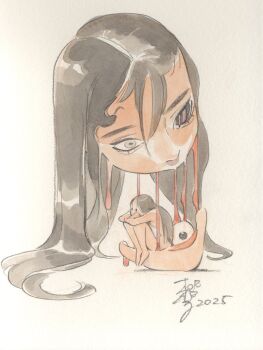 Rule 34 | 1girl, 2025, black hair, blood, blood on hands, dual persona, eyeball, floating head, grey eyes, highres, horror (theme), implied nudity, long hair, missing eye, original, painting (medium), peach momoko, sitting, size difference, sketch, surreal, traditional media, watercolor (medium)