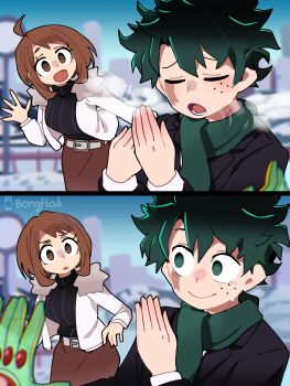 1boy 2girls :o ahoge alternate_costume belt blurry blurry_background blush boku_no_hero_academia bongftah brown_eyes brown_hair closed_eyes coat gloves green_eyes green_hair grin hagakure_toru implied_kiss invisible midoriya_izuku multiple_girls nervous netorare open_mouth salute scar scar_across_eye scar_on_face scarf skirt smile snow sweatdrop uraraka_ochako winter
