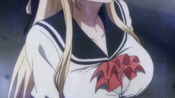 1girl animated animated_gif blonde_hair breast_expansion breasts bursting_breasts button_gap growth highres huge_breasts isoshima_kurumi mahou_sensou school_uniform