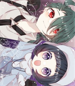 Rule 34 | 2girls, :d, ahoge, black gloves, black hair, black necktie, blue shirt, bright pupils, collared shirt, earrings, gloves, green hair, grey bonnet, highres, jewelry, long hair, looking at viewer, multiple girls, necktie, nintendo, open mouth, pokemon, pokemon sv, ponytail, poppy (pokemon), purple background, purple eyes, red eyes, rika (pokemon), shirt, short hair, sideways, simple background, smile, to camellia, upper body, white pupils, white shirt