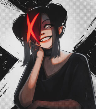 1girl black_collar black_shirt borrowed_character collar commentary double_bun elbow_rest evil_grin evil_smile grin hair_bun hair_over_one_eye head_rest highres looking_at_viewer medium_hair one_eye_covered original parted_bangs pointy_ears shirt short_sleeves sidelocks simple_background smile solo titanartx upper_body white_eyes x_(symbol)