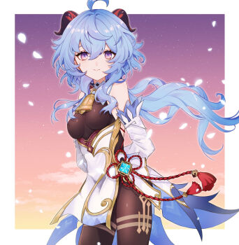 1girl ahoge arms_behind_back bare_shoulders blue_hair bodysuit border breasts brown_bodysuit chinese_knot commentary_request cowboy_shot detached_sleeves flower_knot ganyu_(genshin_impact) genshin_impact goat_horns gold_trim gradient_sky hair_between_eyes highres horns large_breasts long_hair looking_at_viewer outdoors petals purple_eyes red_rope rope sidelocks sky smile solo sushi_171 twilight vision_(genshin_impact) wavy_hair white_sleeves