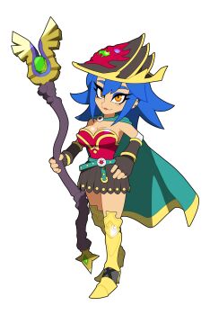 Rule 34 | 1girl, armband, armor, armored boots, bandaged arm, bandages, belt, blue eyeshadow, blue hair, boots, breasts, brown skirt, cape, commentary, commission, cornflowerblue, dang (runescape), duellist's cap (tier 6), earrings, english commentary, eyeshadow, fingerless gloves, full body, gladiator, gloves, glowing hat, gold trim, greaves, green belt, green cape, hat, highres, holding, holding staff, jewelry, leotard, light blush, long hair, looking at viewer, mage staff, makeup, medium breasts, old school runescape, orange eyes, original, poleyn, red armband, red leotard, runescape, second-party source, shiny lips, skirt, smile, solo, spiked hair, staff, staff of armadyl (runescape), standing, sun symbol, thick eyebrows, transparent background, weapon, yellow eyes