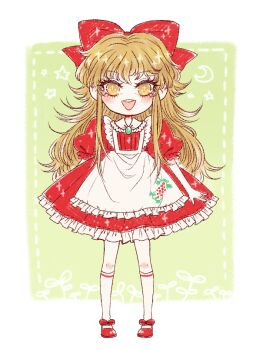 Rule 34 | 1girl, apron, border, bow, brooch, brown hair, character request, collared dress, commentary, crescent, dotted line, dress, eleanor (ohmyeleanor), elise liedl, eyelashes, food print, footwear bow, frilled apron, frilled dress, frilled sleeves, frills, fruit print, full body, grape print, green background, hair bow, happy, jewelry, kneehighs, knees, light blush, little goody two shoes, long hair, looking at viewer, mary janes, open mouth, outside border, pocket mirror, puffy short sleeves, puffy sleeves, red bow, red dress, red shoes, ribbon-trimmed dress, ribbon trim, shoes, short dress, short sleeves, sidelocks, smile, socks, solo, sparkle, sparkling eyes, sprout, standing, star (symbol), straight-on, teeth, tsurime, upper teeth only, very long hair, white apron, white border, white socks, yellow eyes