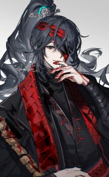 1boy absurdres arm_wrap asyker bandage_over_one_eye bandages black_eyes black_hair black_shirt blood blood_on_clothes blood_on_face blood_on_hands bloody_tears chinese_clothes family_hierarch_candidate_(identity)_(project_moon) grey_background hair_ornament hand_to_own_mouth hand_up hanfu high_ponytail highres hong_lu_(project_moon) limbus_company long_hair long_sleeves male_focus one_eye_covered ponytail project_moon red_bandage shirt sidelocks signature simple_background smile solo stole turtleneck turtleneck_shirt upper_body very_long_hair xiao_guan_(headdress)