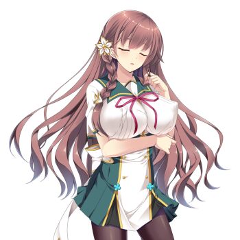 Rule 34 | 1girl, blush, braid, breasts, brown hair, chikubi (artist), closed eyes, covered erect nipples, cowboy shot, flower, game cg, hair flower, hair ornament, huge breasts, kusarou, large variant set, long hair, mahou shoujo inori, morita ouka, non-web source, official art, pantyhose, school uniform, short sleeves, side braid, skirt, solo, transparent background, twirling hair, variant set