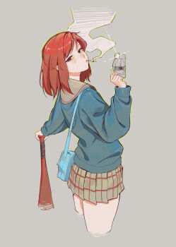 1girl absurdres bag baseball_bat blue_sweater camera cigarette commentary cropped_legs english_commentary flcl grey_background grey_sailor_collar grey_skirt hand_up highres holding holding_baseball_bat holding_camera long_sleeves looking_at_viewer medium_hair mouth_hold peaceablecolt plaid_clothes plaid_skirt pleated_skirt red_eyes red_hair sailor_collar samejima_mamimi school_uniform shoulder_bag simple_background skirt smoke smoking solo sweater taking_picture