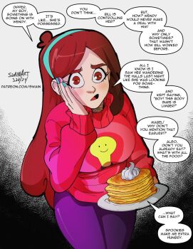 1girl blue_nails blue_pants brown_eyes brown_hair dated english_text food gravity_falls green_hairband hairband highres holding holding_plate long_hair looking_at_viewer mabel_pines multicolored_nails open_mouth pancake pancake_stack pants patreon_username pink_nails pink_sweater plate print_sweater ringed_eyes signature speech_bubble swain_(artist) sweater watermark web_address