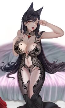 Rule 34 | 1girl, absurdres, alternate costume, armpit crease, armpits, atago (azur lane), azur lane, black dress, black hair, breasts, chronopattern dress, cleavage, dress, extra ears, feet out of frame, gem, hair ribbon, highres, huge breasts, jewelry, large breasts, long hair, looking at viewer, navel, open mouth, red gemstone, revealing clothes, ribbon, ring, sitting, solo, teeth, tongue, tongue out, upper teeth only, very long hair, wedding ring, white ribbon, yellow eyes, yuzuriha (pixiv 14248010)