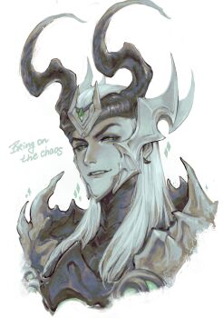 1boy absurdres armor colored_sclera earrings english_text fake_horns gem green_eyes green_gemstone green_sclera grin hair_slicked_back hashtag-only_commentary highres horned_headwear horns jewelry loki_(marvel) long_hair looking_to_the_side male_focus marvel marvel_rivals official_alternate_costume portrait pyroronchin0 smile solo thor_(marvel)_(series) white_background white_hair