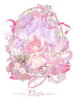 1girl absurdres aijiang013 bouquet character_name chinese_commentary commentary_request commission diamond-shaped_pupils diamond_(shape) elysia_(herrscher_of_human:_ego)_(honkai_impact) elysia_(honkai_impact) flower gloves highres holding holding_bouquet honkai_(series) honkai_impact_3rd long_hair pink_flower pink_hair pink_rose purple_eyes rose simple_background smile solo symbol-shaped_pupils upper_body veil very_long_hair white_background white_flower white_gloves white_rose white_veil