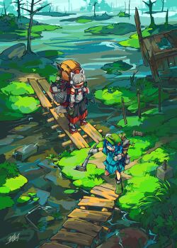 2girls absurdres animal_ears backpack bag bare_shoulders blue_eyes blue_hair blue_shirt boots bridge bucket closed_eyes commentary_request day detached_sleeves doggo_1d34 green_boots green_hat grey_hair grin hair_bobbles hair_ornament hat highres holding holding_bucket inubashiri_momiji kawashiro_nitori multiple_girls outdoors pom_pom_(clothes) shirt signature skirt smile tail tokin_hat touhou twintails two_side_up wetland wolf_ears wolf_tail wooden_bridge