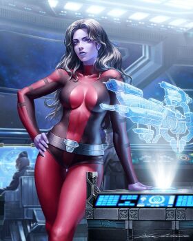 1girl 1other blue_eyes blue_lips blurry blurry_background bodysuit breasts colored_skin commentary covered_navel english_commentary grey_hair guardians_of_the_galaxy hand_on_own_hip highres hologram large_breasts long_hair marvel multicolored_bodysuit nebula_(gotg) official_art parted_hair purple_skin red_bodysuit science_fiction signature solo_focus space spacecraft spacecraft_interior two-tone_bodysuit yoon_junggeun