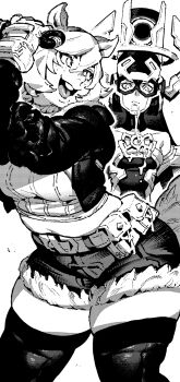 Rule 34 | 2girls, animal ears, belt, breasts, buck teeth, crop top, cropped jacket, cropped shirt, curvy, drooling, female pervert, freckles, frown, fur-trimmed shorts, fur trim, galacta, greyscale, helmet, highres, ireading, leaning forward, looking at another, looking at ass, looking back, marvel, marvel rivals, medium breasts, midriff, monochrome, muffin top, multiple girls, navel, open mouth, pervert, plump, saliva, short hair, short shorts, shorts, slingshot (weapon), smile, squirrel ears, squirrel girl (marvel), squirrel tail, stomach, suggestive fluid, tail, teeth, thick thighs, thighhighs, thighs, utility belt, yuri