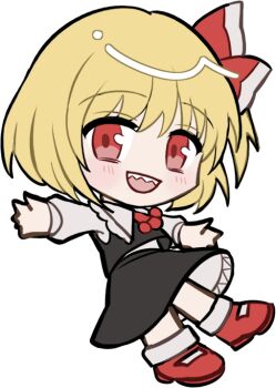 1girl :d ascot black_skirt black_vest blonde_hair blush chibi chibi_only collared_shirt full_body hair_ribbon long_sleeves looking_at_viewer mirei_(miirei) open_mouth outstretched_arms red_ascot red_eyes red_ribbon red_shoes ribbon rumia sharp_teeth shirt shoes short_hair simple_background skirt skirt_set smile socks solo spread_arms standing standing_on_one_leg teeth touhou transparent_background upper_teeth_only vest white_shirt white_socks