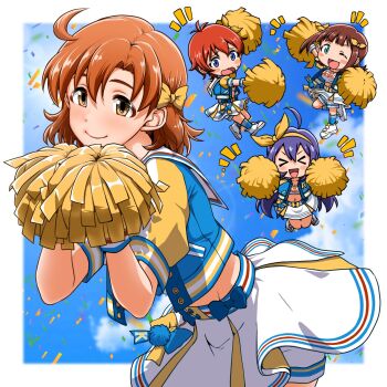 Rule 34 | 4girls, amami haruka, beginning chun, blue eyes, blue shirt, bow, brown eyes, brown hair, cheering, cheerleader, confetti, crop top, green eyes, hair bow, highres, holding, holding pom poms, idolmaster, idolmaster million live!, idolmaster million live! theater days, julia (idolmaster), jumping, looking at viewer, midriff, miniskirt, mochizuki anna, multiple girls, navel, orange hair, pom pom (cheerleading), pom poms, purple hair, red hair, shirt, shoes, shorts, simple background, skirt, sneakers, translation request, white shoes, white skirt, yabuki kana, yellow bow