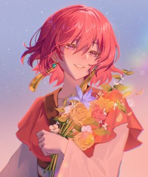 1girl absurdres akatsuki_no_yona artist_name bouquet earrings flower gradient_background hair_between_eyes highres holding holding_bouquet holding_flower hyashirowo jewelry light_blush lips lipstick long_sleeves looking_to_the_side makeup orange_flower parted_lips pink_eyes pink_hair pink_lips red_hair short_hair short_sleeves simple_background sky smile solo sunrise tassel tassel_earrings twitter_username upper_body wide_sleeves yellow_flower yona_(akatsuki_no_yona)