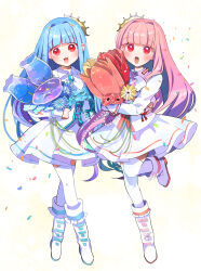 Rule 34 | 2girls, absurdres, alternate costume, blue flower, blue hair, blunt bangs, blush, boots, bouquet, brooch, collared jacket, commentary request, confetti, crossed legs, flower, flower request, full body, hair intakes, head tilt, highres, holding, holding bouquet, hydrangea, jacket, jewelry, knee boots, kotonoha akane, kotonoha aoi, long hair, long sleeves, looking at viewer, matching outfits, multiple girls, neck ribbon, open mouth, oyasumi makura, pink flower, pink hair, pink tulip, purple flower, red eyes, red flower, red tulip, ribbon, siblings, side-by-side, sisters, skirt, sleeve cuffs, smile, standing, standing on one leg, thighhighs, tiara, tilted headwear, tulip, voiceroid, watson cross, white footwear, white jacket, white ribbon, white skirt, white thighhighs, yellow flower, yellow tulip