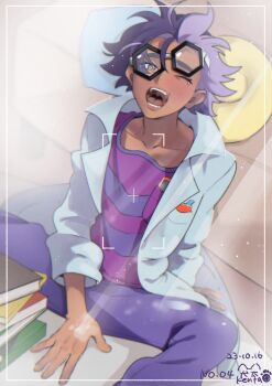 1boy absurdres arm_support black-framed_eyewear book coat collarbone commentary_request dark-skinned_male dark_skin framed glasses grey_eyes highres jacq_(pokemon) kenta_nagasaki looking_at_viewer male_focus nintendo one_eye_closed open_clothes open_coat open_mouth pants pokemon pokemon_sv purple_hair purple_pants shirt short_hair sitting solo striped_clothes striped_shirt teeth tongue
