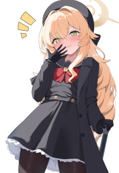 1girl absurdres aoto_mei beret black_coat black_dress black_gloves black_hat black_pantyhose black_sailor_collar black_serafuku black_sleeves blonde_hair blue_archive blush bow bowtie buttons cane closed_mouth coat cowboy_shot dress frilled_dress frills furrowed_brow gloves green_eyes hair_between_eyes half-closed_eyes halo hand_on_own_face hand_up hat highres holding holding_cane loli long_hair long_sleeves open_clothes open_coat pantyhose professor_niyaniya_(blue_archive) red_bow red_bowtie sailor_collar school_uniform serafuku simple_background smile solo standing thigh_gap thighs tilted_head twitter very_long_hair wavy_hair white_background yellow_halo